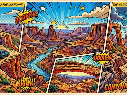 Pop-Art-Comicillustration des Wahrzeichens Canyonlands-Nationalpark in Moab USA, kraeftige Konturen Rasterpunkte und satte Farben - Foto: THN