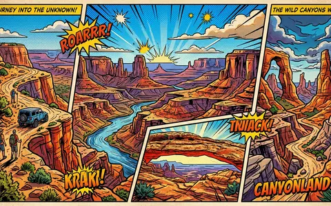 Pop-Art-Comicillustration des Wahrzeichens Canyonlands-Nationalpark in Moab USA, kraeftige Konturen Rasterpunkte und satte Farben - Foto: THN