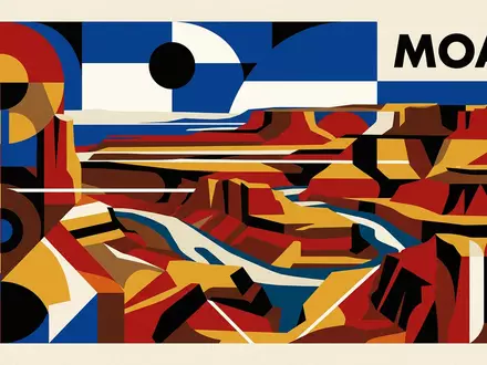 Bauhaus-Poster als geometrische Abstraktion von Canyonlands-Nationalpark in Moab USA, kraeftige Grundfarben und harte Formkanten - Foto: THN