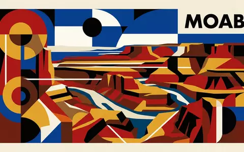 Bauhaus-Poster als geometrische Abstraktion von Canyonlands-Nationalpark in Moab USA, kraeftige Grundfarben und harte Formkanten - Foto: THN