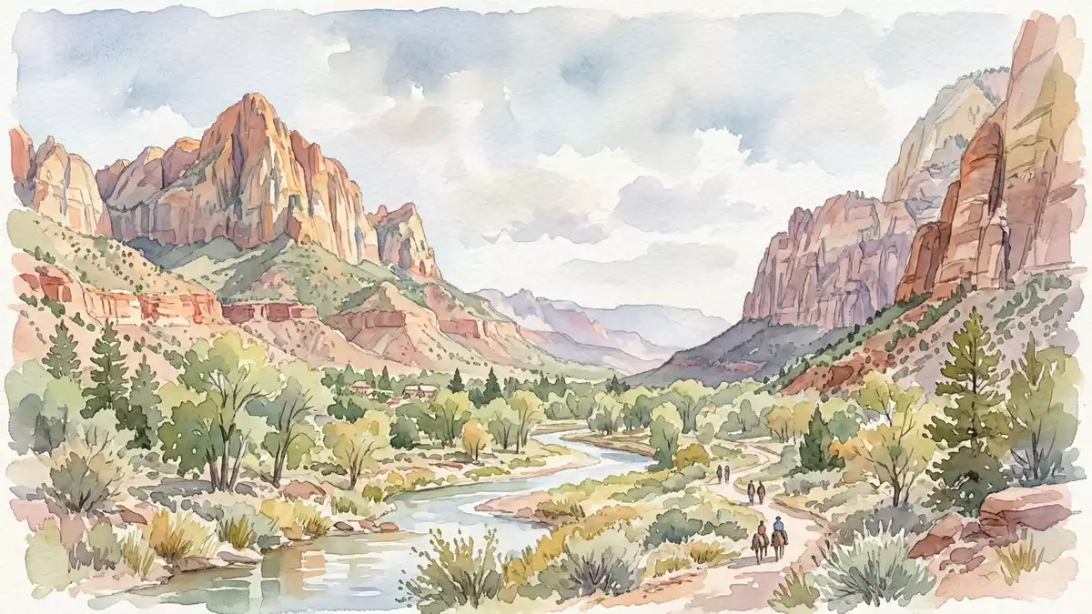 Aquarell-Illustration von Zion-Nationalpark in Springdale, USA als Reiseposter
