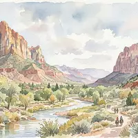 Aquarellillustration des Wahrzeichens Zion-Nationalpark in Springdale USA, weiche Farbverläufe und pastelliges Reiseposter-Feeling - Foto: THN