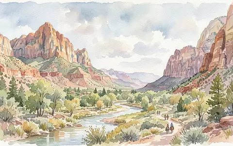 Aquarellillustration des Wahrzeichens Zion-Nationalpark in Springdale USA, weiche Farbverläufe und pastelliges Reiseposter-Feeling - Foto: THN