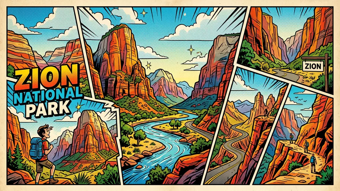 Pop-Art-Comic von Zion-Nationalpark in Springdale, USA mit Rasterpunkten