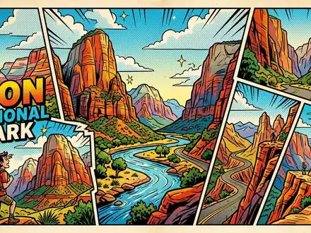 Pop-Art-Comicillustration des Wahrzeichens Zion-Nationalpark in Springdale USA, kraeftige Konturen Rasterpunkte und satte Farben - Foto: THN