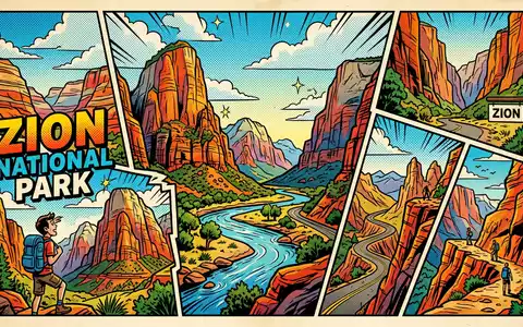 Pop-Art-Comicillustration des Wahrzeichens Zion-Nationalpark in Springdale USA, kraeftige Konturen Rasterpunkte und satte Farben - Foto: THN