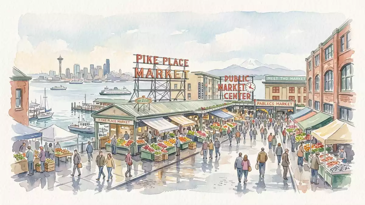 Aquarell-Illustration von Pike Place Market in Seattle, USA als Reiseposter