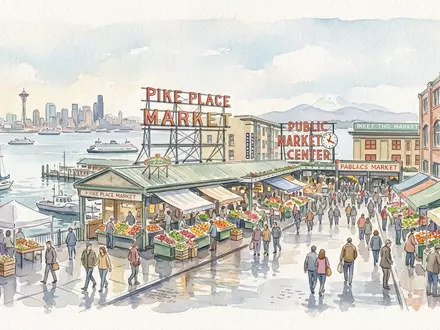 Aquarellillustration des Wahrzeichens Pike Place Market in Seattle USA, weiche Farbverläufe und pastelliges Reiseposter-Feeling - Foto: THN