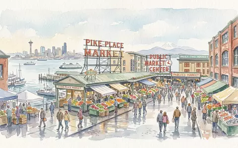 Aquarellillustration des Wahrzeichens Pike Place Market in Seattle USA, weiche Farbverläufe und pastelliges Reiseposter-Feeling - Foto: THN