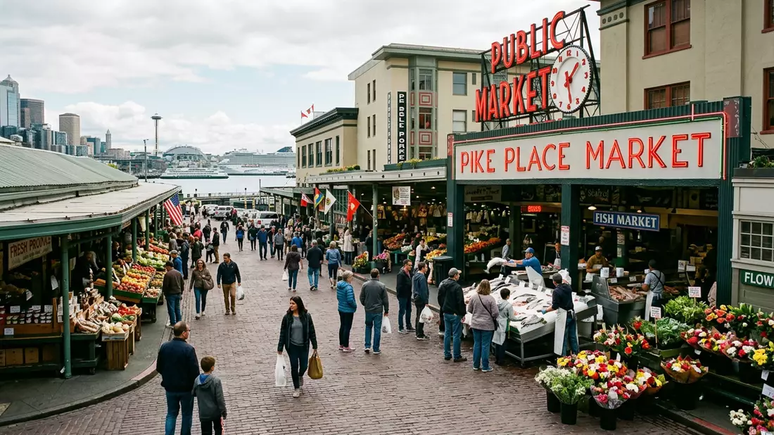 Editorial-Reisemagazinbild vom Wahrzeichen Pike Place Market in Seattle, USA