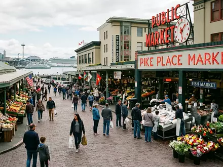 Editorialbild im Reisemagazin-Stil vom Wahrzeichen Pike Place Market in Seattle USA, ausgewogene Bildgestaltung und natuerliches - Foto: THN