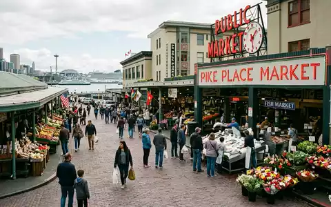 Editorialbild im Reisemagazin-Stil vom Wahrzeichen Pike Place Market in Seattle USA, ausgewogene Bildgestaltung und natuerliches - Foto: THN