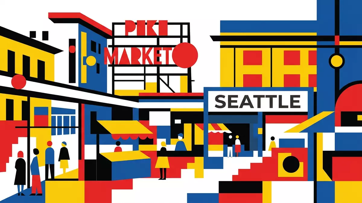Bauhaus-Poster als Abstraktion von Pike Place Market in Seattle, USA