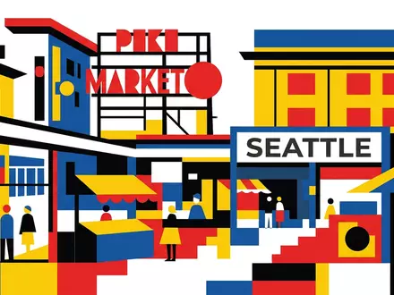 Bauhaus-Poster als geometrische Abstraktion von Pike Place Market in Seattle USA, kraeftige Grundfarben und harte - Foto: THN