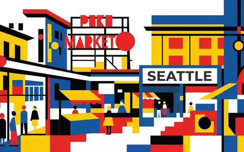 Bauhaus-Poster als geometrische Abstraktion von Pike Place Market in Seattle USA, kraeftige Grundfarben und harte - Foto: THN