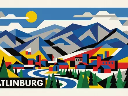 Bauhaus-Poster als geometrische Abstraktion von Great-Smoky-Mountains-Nationalpark in Gatlinburg USA, kraeftige Grundfarben und harte Formkanten - Foto: THN