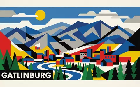 Bauhaus-Poster als geometrische Abstraktion von Great-Smoky-Mountains-Nationalpark in Gatlinburg USA, kraeftige Grundfarben und harte Formkanten - Foto: THN