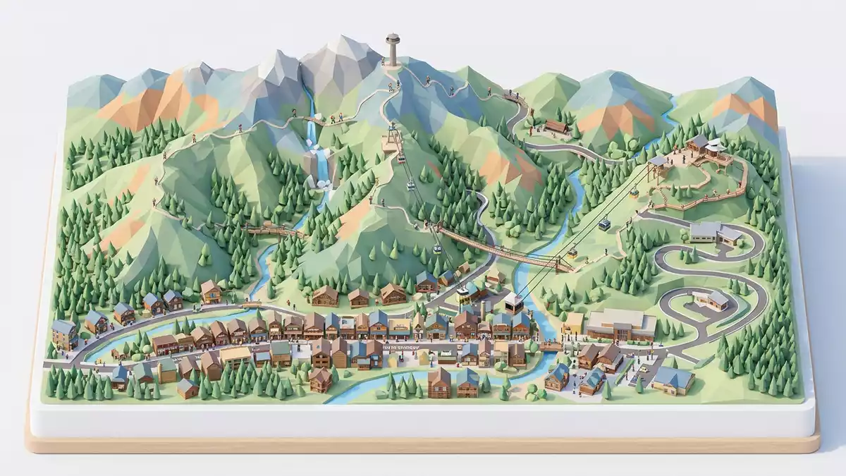 Isometrisches Diorama von Great-Smoky-Mountains-Nationalpark in Gatlinburg, USA in Pastell