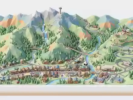 Isometrisches Diorama von Great-Smoky-Mountains-Nationalpark und Umgebung in Gatlinburg USA, verspielte Low-Poly-Kulisse in Pastellfarben - Foto: THN