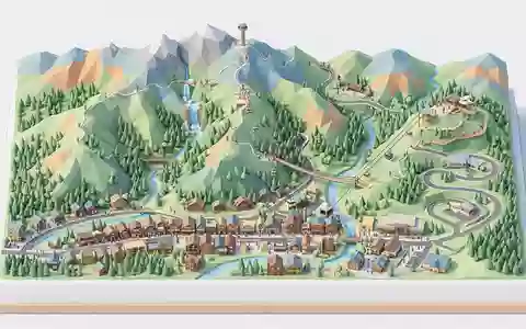 Isometrisches Diorama von Great-Smoky-Mountains-Nationalpark und Umgebung in Gatlinburg USA, verspielte Low-Poly-Kulisse in Pastellfarben - Foto: THN