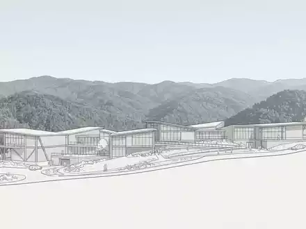 Moderner Architektur-Render zeigt Silhouette von Great-Smoky-Mountains-Nationalpark in Gatlinburg USA, klare Linien und neutrales Tageslicht - Foto: THN