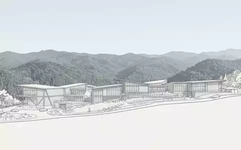 Moderner Architektur-Render zeigt Silhouette von Great-Smoky-Mountains-Nationalpark in Gatlinburg USA, klare Linien und neutrales Tageslicht - Foto: THN