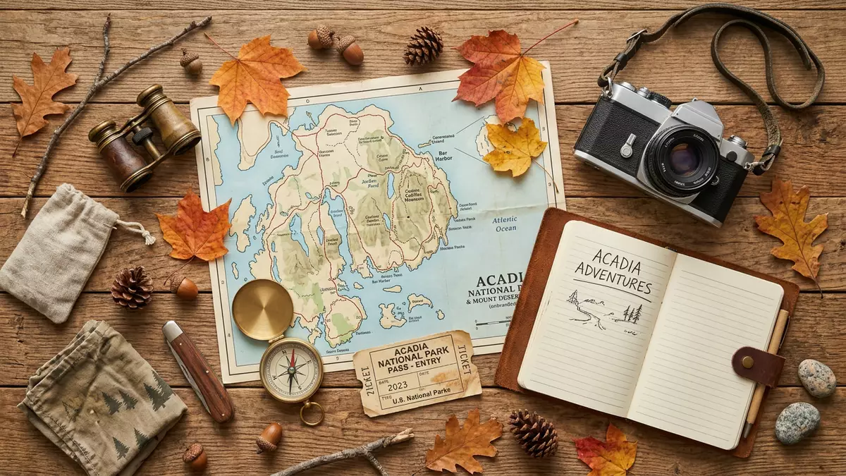 Flatlay-Reise-Arrangement rund um Acadia-Nationalpark in Bar Harbor, USA