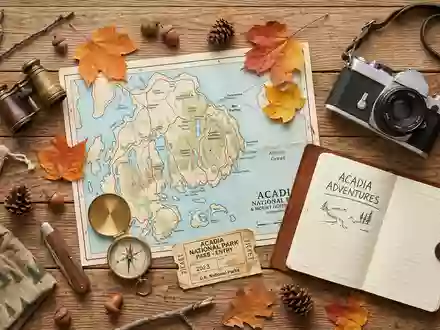 Flatlay-Reise-Arrangement rund um Acadia-Nationalpark in Bar Harbor USA, Karte Kompass Kamera und generische Reiserequisiten - Foto: THN