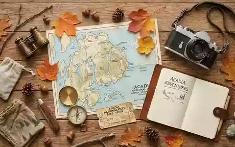 Flatlay-Reise-Arrangement rund um Acadia-Nationalpark in Bar Harbor USA, Karte Kompass Kamera und generische Reiserequisiten - Foto: THN