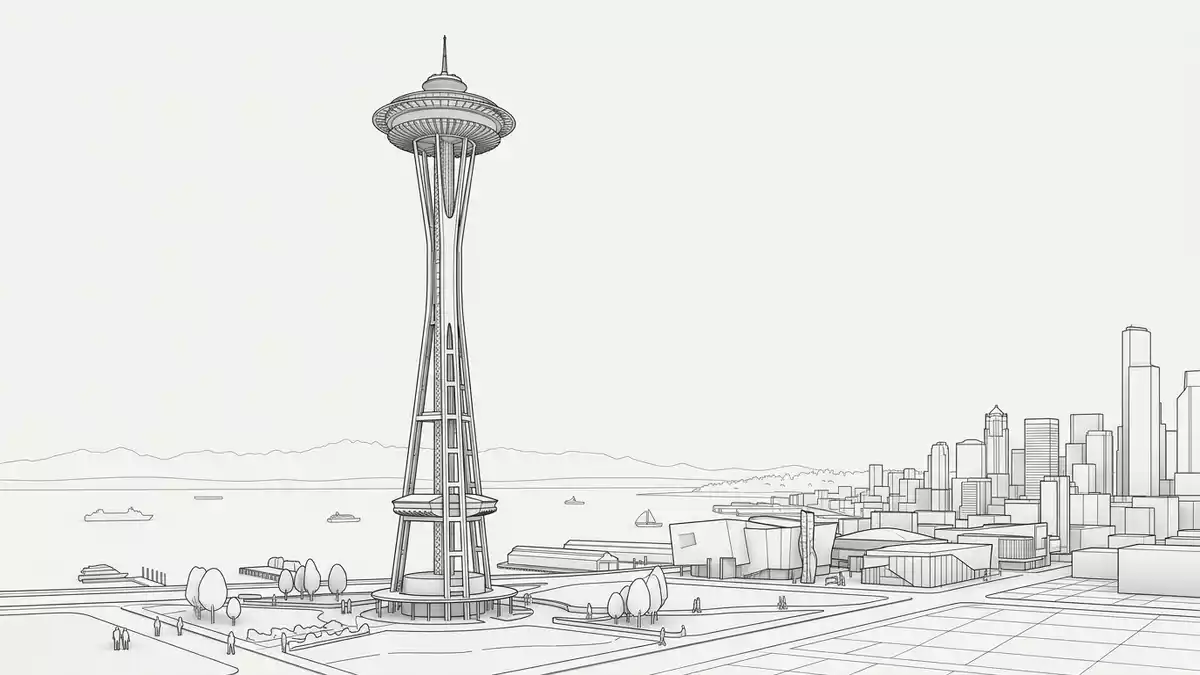 Architektur-Render von Space Needle Seattle in Seattle, USA bei Tageslicht