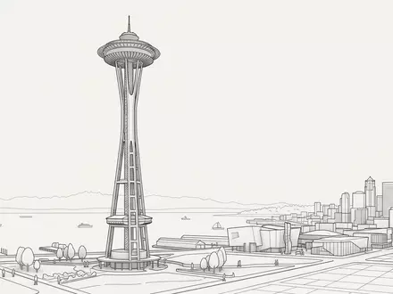 Moderner Architektur-Render zeigt Silhouette von Space Needle Seattle in Seattle USA, klare Linien und neutrales - Foto: THN