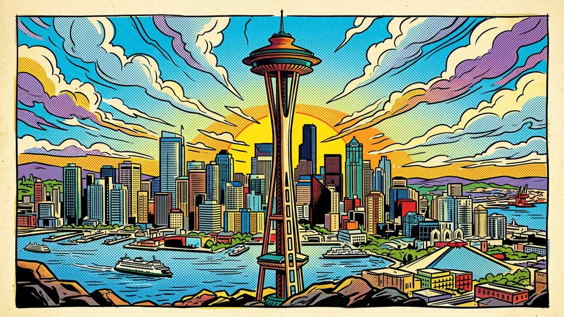 Pop-Art-Comic von Space Needle Seattle in Seattle, USA mit Rasterpunkten