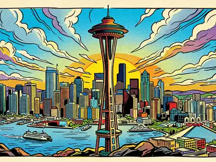 Pop-Art-Comicillustration des Wahrzeichens Space Needle Seattle in Seattle USA, kraeftige Konturen Rasterpunkte und satte Farben - Foto: THN