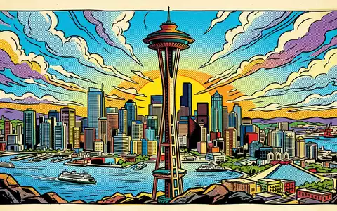 Pop-Art-Comicillustration des Wahrzeichens Space Needle Seattle in Seattle USA, kraeftige Konturen Rasterpunkte und satte Farben - Foto: THN