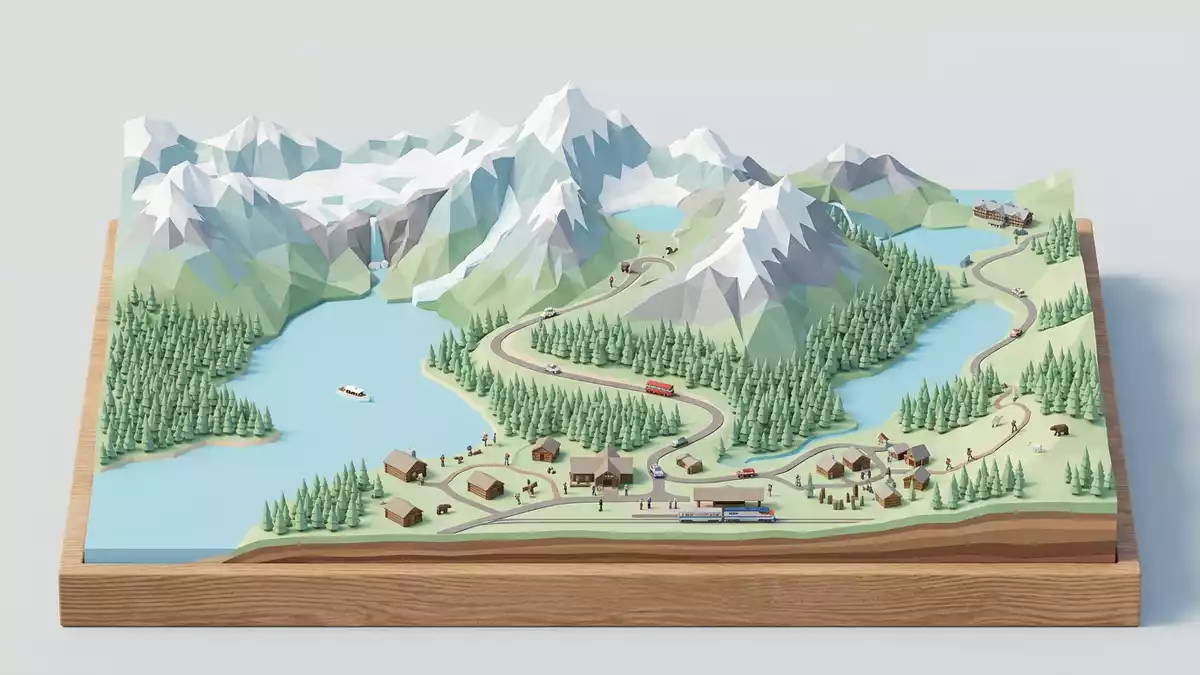 Isometrisches Diorama von Glacier-Nationalpark in West Glacier, USA in Pastell
