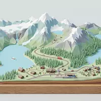 Isometrisches Diorama von Glacier-Nationalpark und Umgebung in West Glacier USA, verspielte Low-Poly-Kulisse in Pastellfarben - Foto: THN