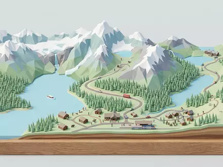 Isometrisches Diorama von Glacier-Nationalpark und Umgebung in West Glacier USA, verspielte Low-Poly-Kulisse in Pastellfarben - Foto: THN