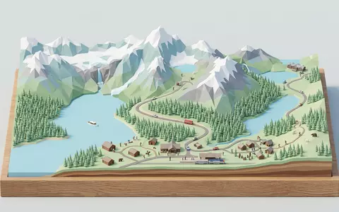 Isometrisches Diorama von Glacier-Nationalpark und Umgebung in West Glacier USA, verspielte Low-Poly-Kulisse in Pastellfarben - Foto: THN