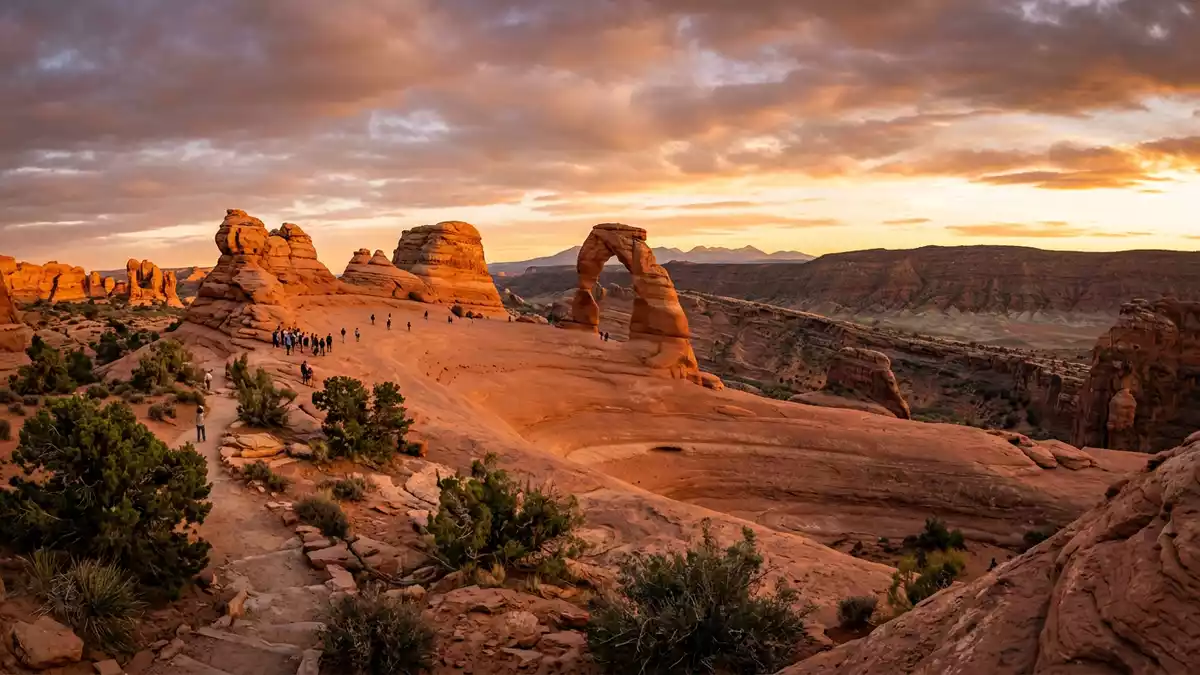 Fotorealistische Ansicht von Arches-Nationalpark in Moab, USA im Abendlicht