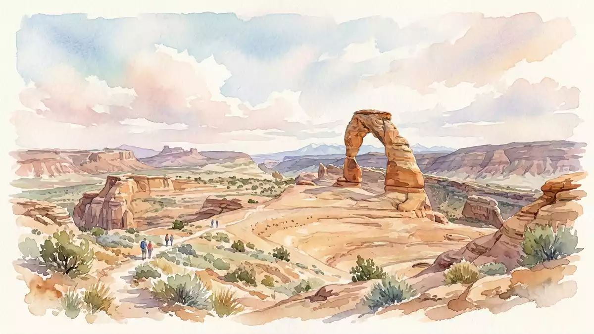Aquarell-Illustration von Arches-Nationalpark in Moab, USA als Reiseposter