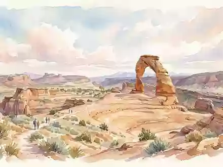 Aquarellillustration des Wahrzeichens Arches-Nationalpark in Moab USA, weiche Farbverläufe und pastelliges Reiseposter-Feeling - Foto: THN