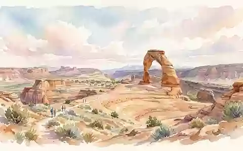 Aquarellillustration des Wahrzeichens Arches-Nationalpark in Moab USA, weiche Farbverläufe und pastelliges Reiseposter-Feeling - Foto: THN