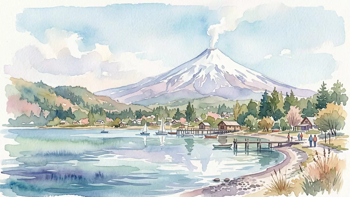 Aquarell-Illustration von Villarrica-Vulkan in Pucon, Chile als Reiseposter