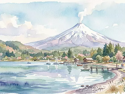 Aquarellillustration des Wahrzeichens Villarrica-Vulkan in Pucon Chile, weiche Farbverläufe und pastelliges Reiseposter-Feeling - Foto: THN