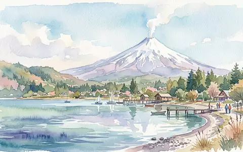 Aquarellillustration des Wahrzeichens Villarrica-Vulkan in Pucon Chile, weiche Farbverläufe und pastelliges Reiseposter-Feeling - Foto: THN