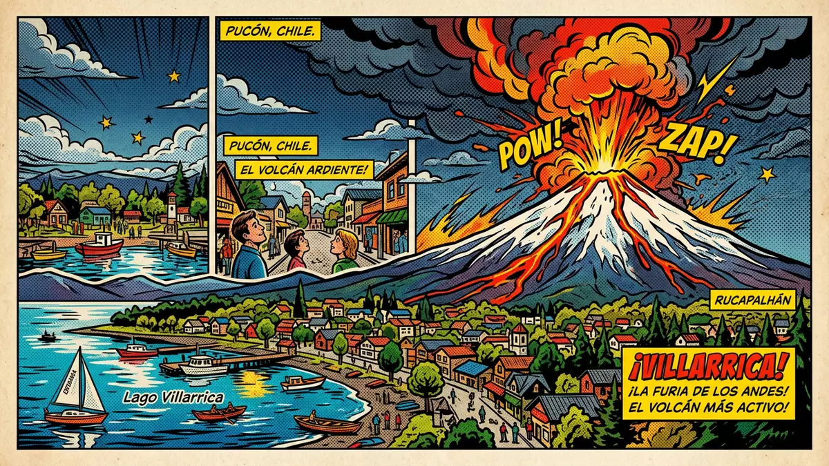 Pop-Art-Comic von Villarrica-Vulkan in Pucon, Chile mit Rasterpunkten