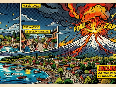 Pop-Art-Comicillustration des Wahrzeichens Villarrica-Vulkan in Pucon Chile, kraeftige Konturen Rasterpunkte und satte Farben - Foto: THN