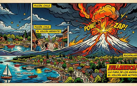 Pop-Art-Comicillustration des Wahrzeichens Villarrica-Vulkan in Pucon Chile, kraeftige Konturen Rasterpunkte und satte Farben - Foto: THN