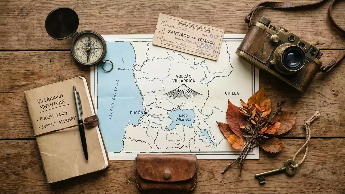 Flatlay-Reise-Arrangement rund um Villarrica-Vulkan in Pucon, Chile