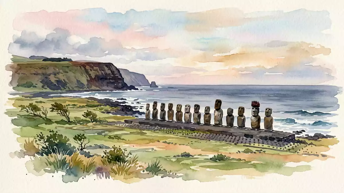 Aquarell-Illustration von Moai von Osterinsel in Hanga Roa, Chile als Reiseposter